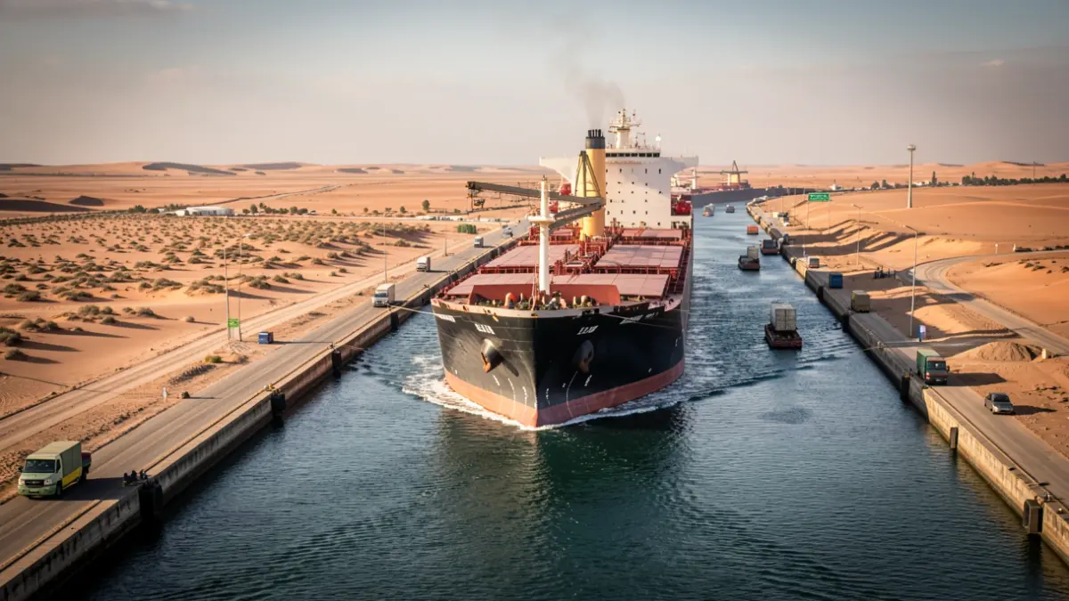 Imagen de un petrolero Suezmax atravesando un canal marítimo con paisaje desértico.