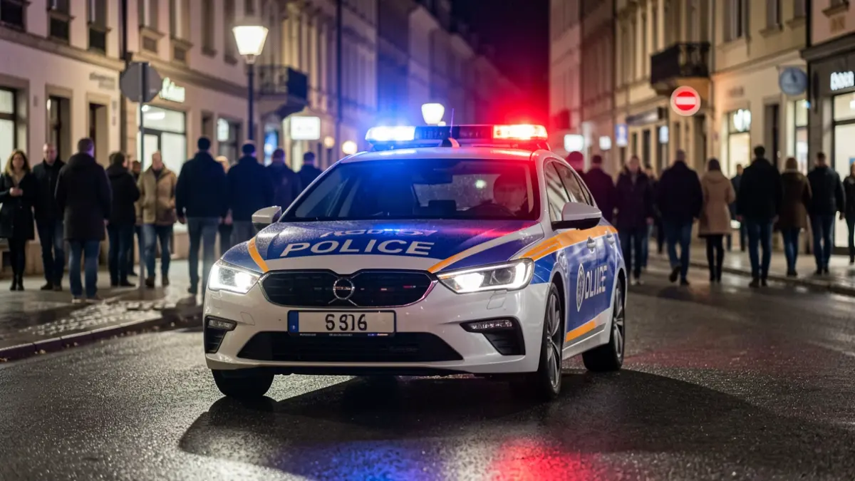 Imaxe xenérica de luces de emerxencia policiais reflectidas nunha estrada mollada pola noite.