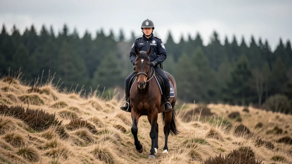 Imagen de un agente de la Policía Nacional a caballo patrullando una ladera seca en Galicia, con dificultad de acceso.