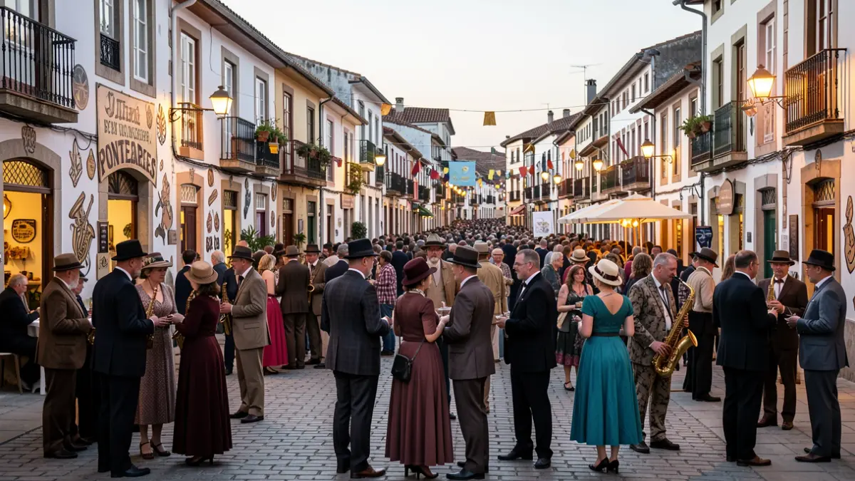 Imagen de una calle de Ponteareas durante un festival de jazz, con gente vestida de época y elementos decorativos de Nueva Orleans.