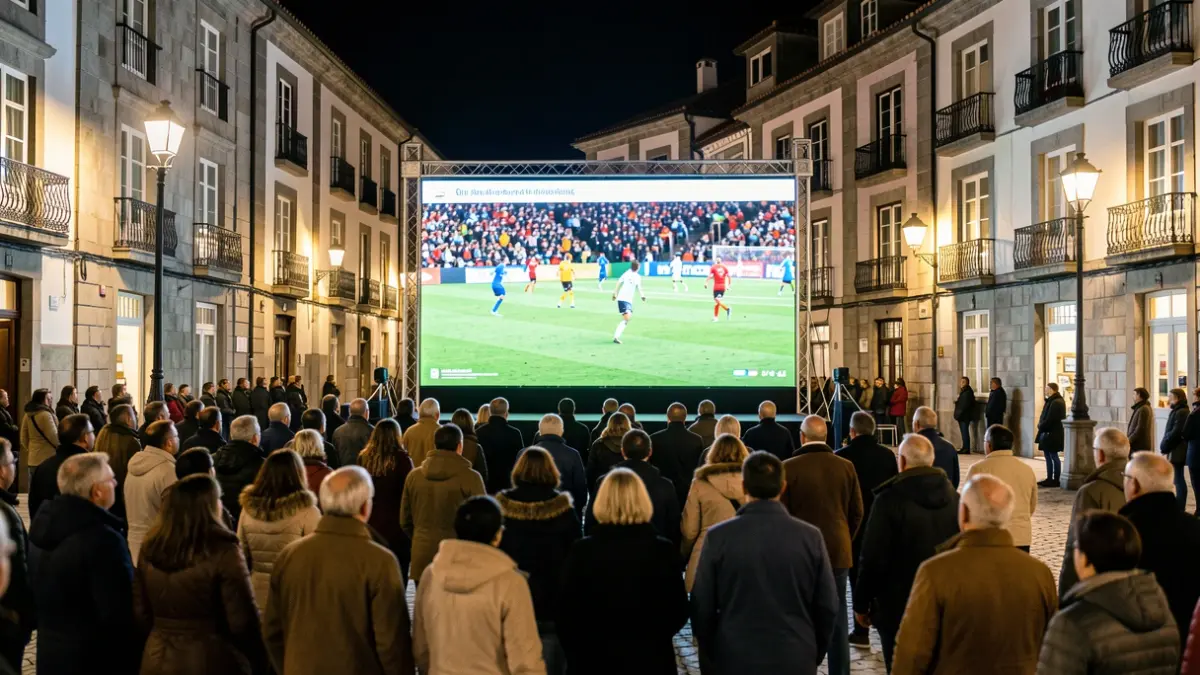 Imagen genérica de una pantalla gigante instalada en una plaza pública por la noche para ver un partido de fútbol.