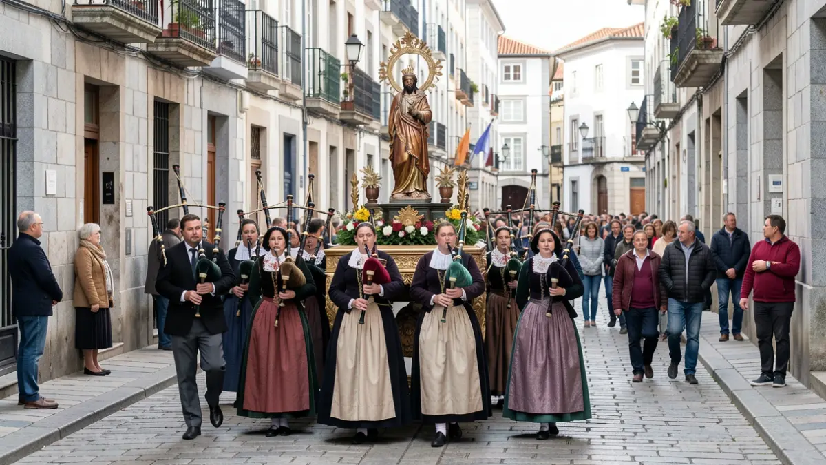 Imagen de una procesión religiosa tradicional gallega con el Apóstol Santiago, músicos y gente con trajes típicos por las calles de Pontevedra.