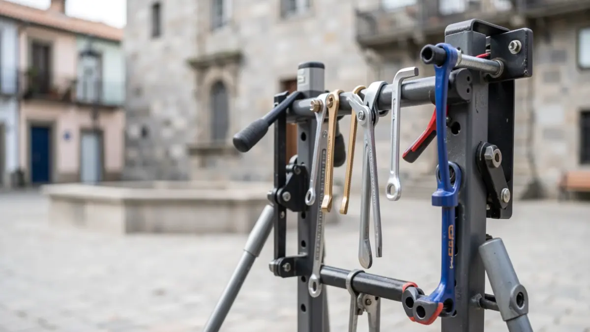 Primeira imaxe dun soporte de reparación de bicicletas con ferramentas e fondo dunha praza galega.