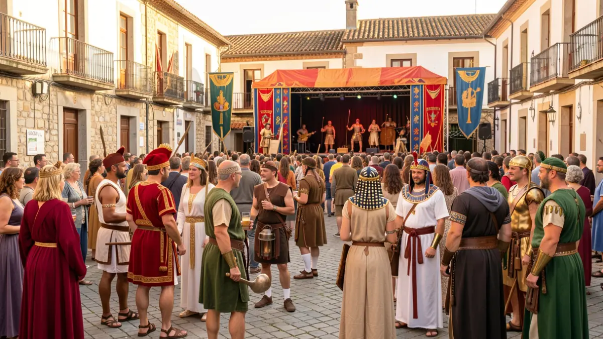 Imagen de una calle de O Porriño durante la fiesta Porrigalia, con gente caracterizada de diferentes civilizaciones y un escenario al fondo.