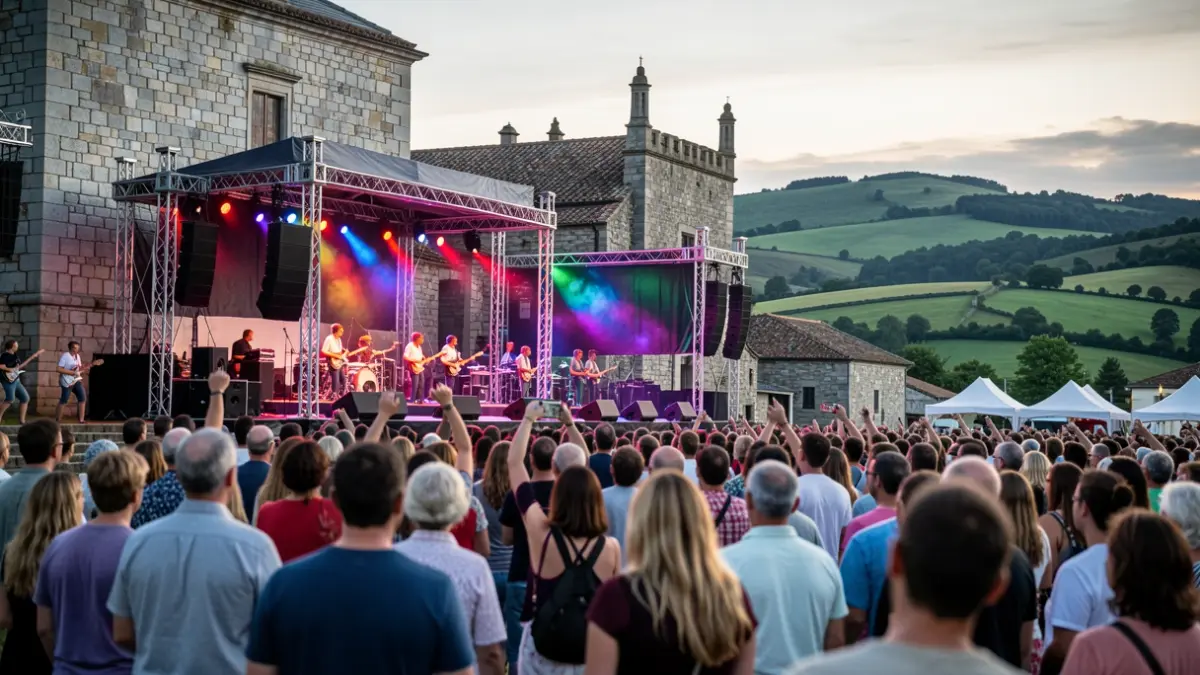 Imagen genérica de un festival de música al aire libre en Galicia con escenario iluminado y público.