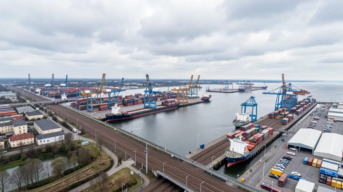 Imaxe xenérica de infraestruturas portuarias con vías de tren.