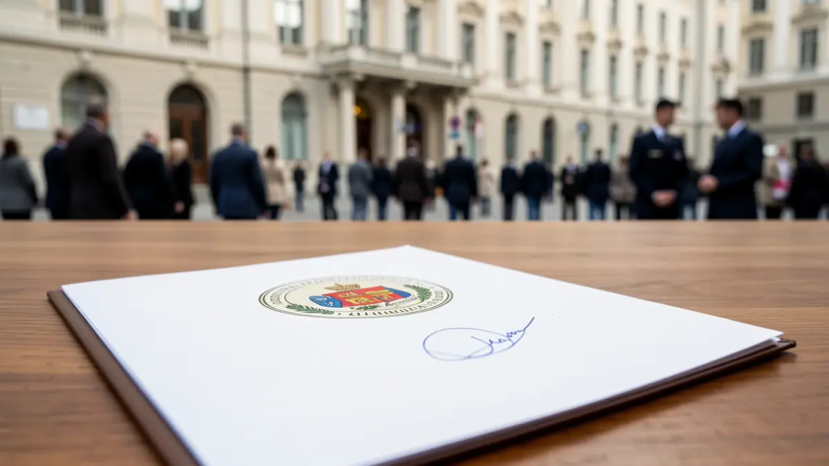 Primer plano de un documento oficial con sello y firma sobre una mesa de madera.