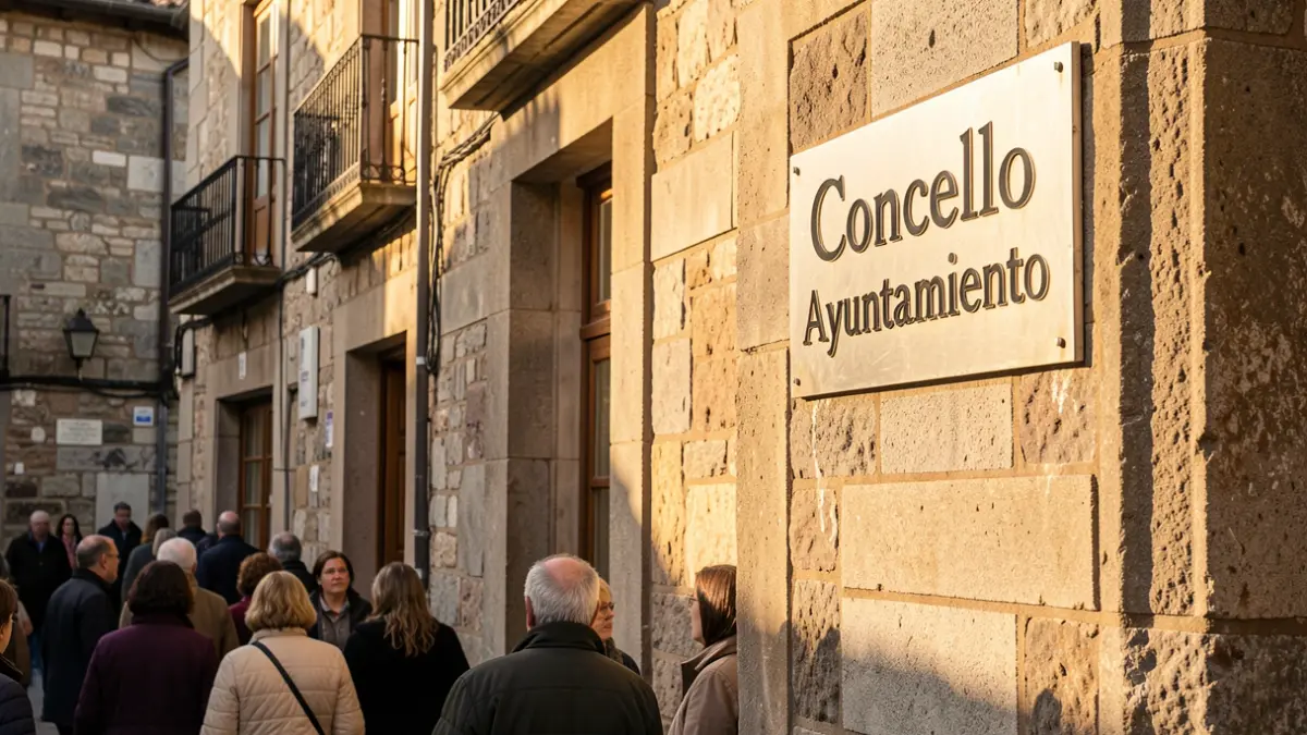 Imaxe xenérica dun edificio municipal de pedra con luz solar.
