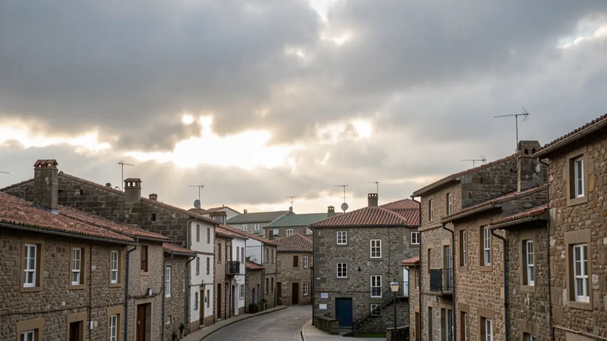 Céu parcialmente nubrado sobre Carballo con arquitectura típica galega.