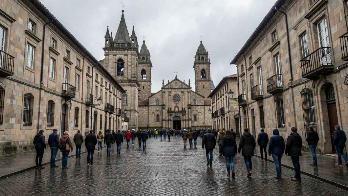 Imagen genérica de cielo cubierto sobre la arquitectura de granito de Santiago de Compostela con calles mojadas.