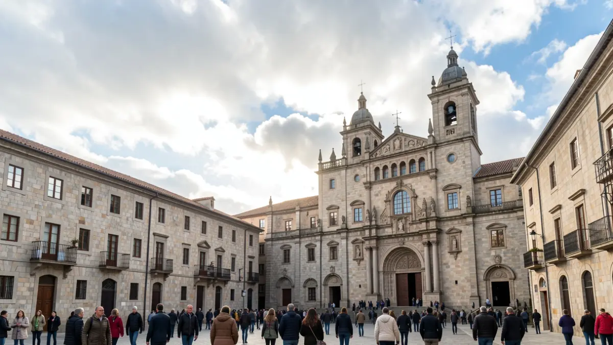 Imaxe xenérica de ceo parcialmente nubrado sobre edificios históricos de granito en Santiago de Compostela.