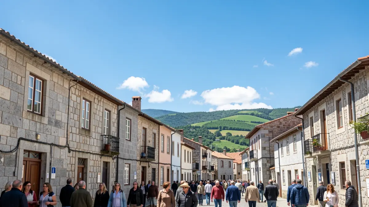 Imaxe xenérica dun ceo despexado sobre unha vila galega con edificios de granito.