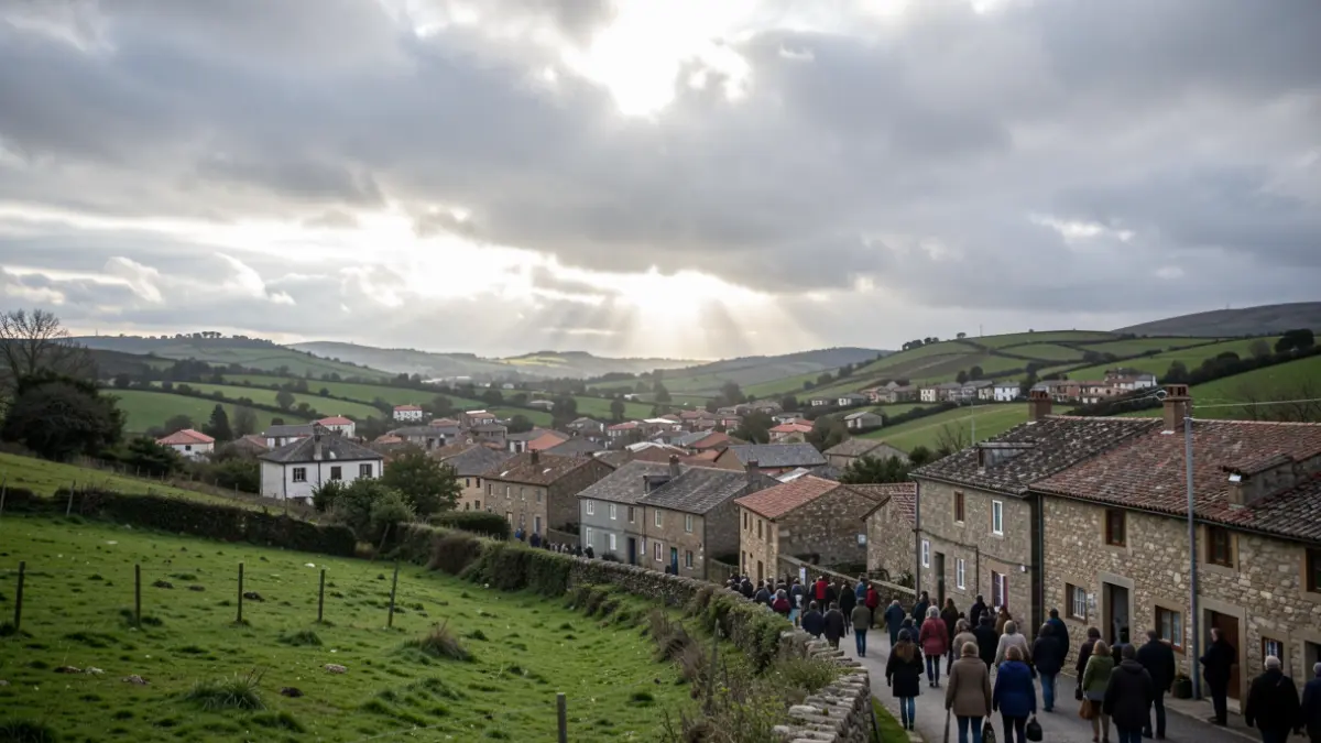 Imagen genérica de un cielo nublado sobre Teo, Galicia, con casas de piedra y colinas verdes.