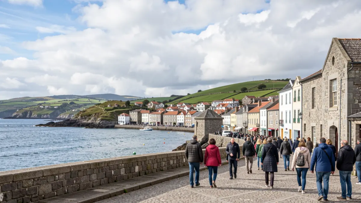 Imaxe xenérica do ceo parcialmente nubrado sobre Viveiro, con arquitectura de granito e outeiros verdes.