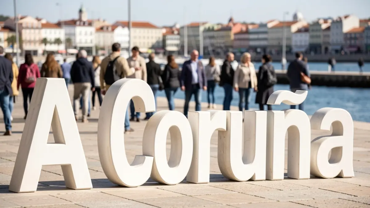 Imaxe xenérica de letras xigantes co nome da cidade da Coruña nun lugar emblemático.
