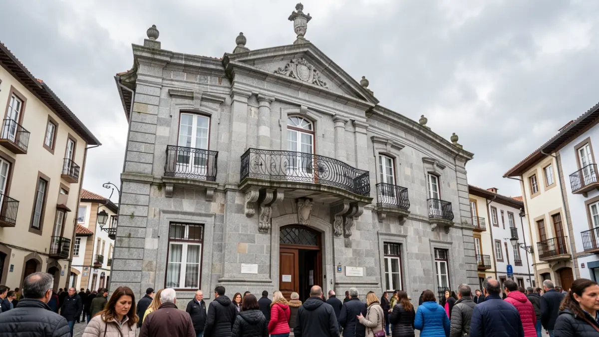 Imaxe xenérica dun concello galego de granito con balcón ornamentado.