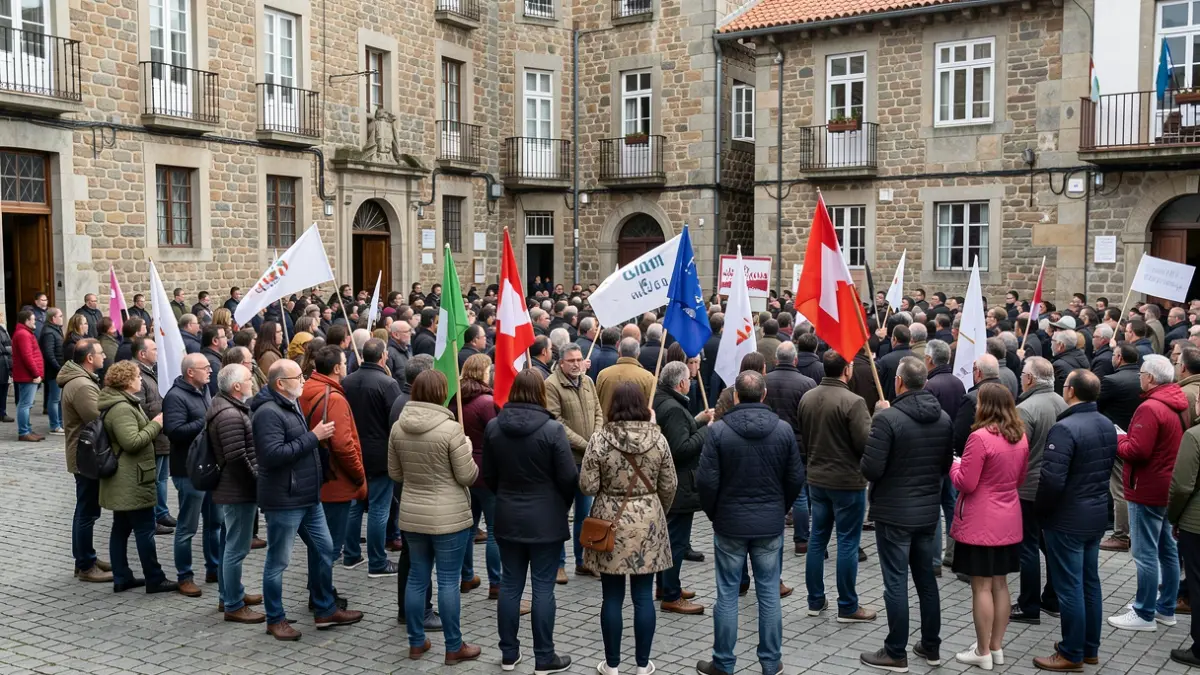 Imagen de una manifestación en la plaza de Pontevedra, A Coruña, con banderas y pancartas.
