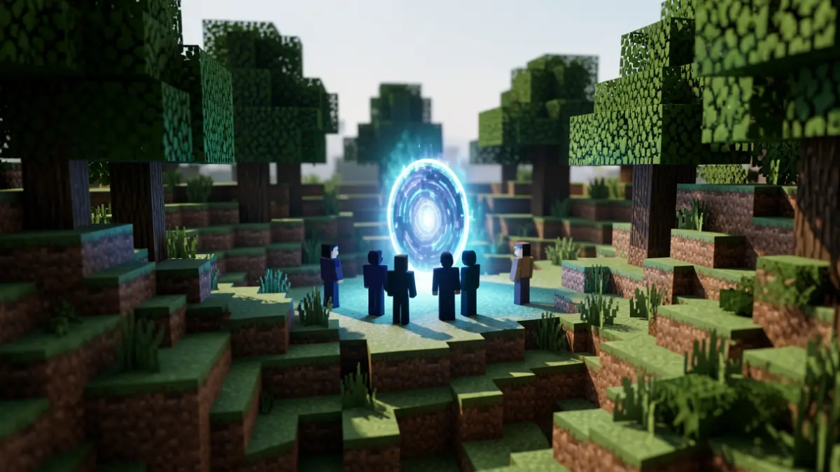 Imaxe xenérica dun portal misterioso nun mundo cúbico inspirado en Minecraft, con catro siluetas mirando cara a el.
