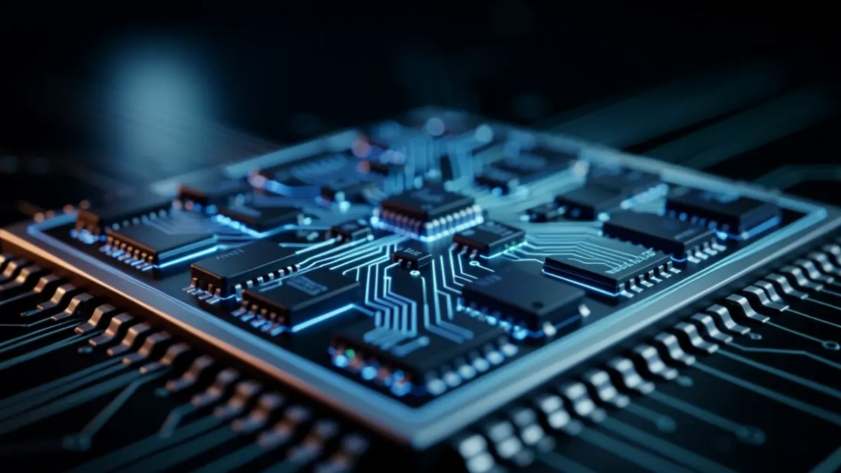 Primer plano de un sensor de microarray de transistor de efecto de campo de grafeno con intrincados circuitos, brillando con una sutil luz azul.