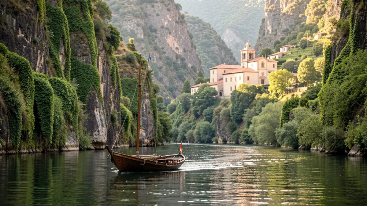 Un barco tradicional navega por las aguas del río Sil, rodeado de viñedos y el monasterio de Santa Cristina.