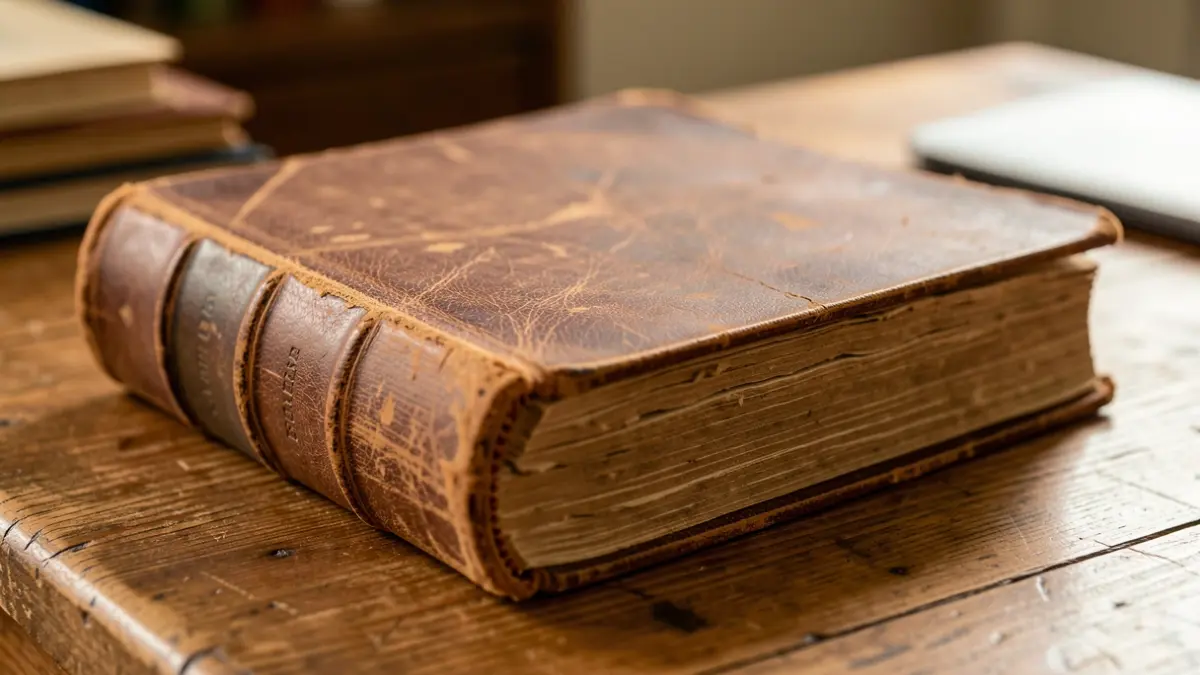 Primer plano de un libro antiguo de tapa de cuero sobre una mesa de madera, con luz cálida.