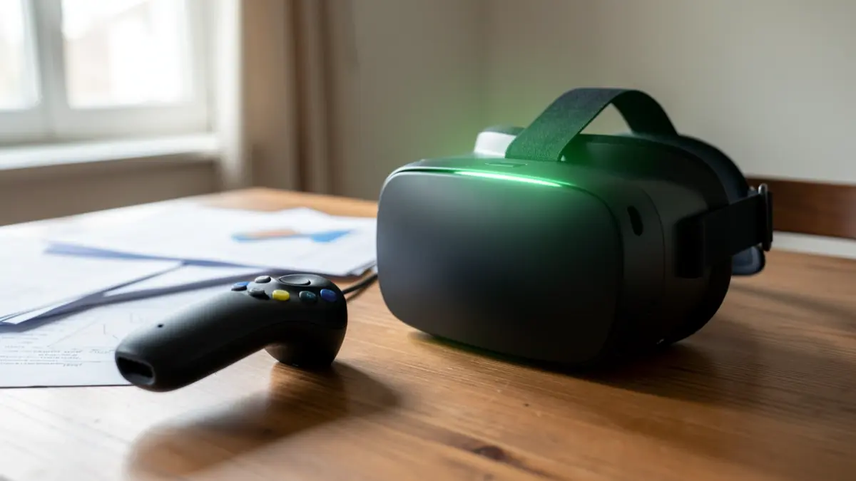 Primeira imaxe dun dispositivo de realidade virtual sobre unha mesa de investigación científica.