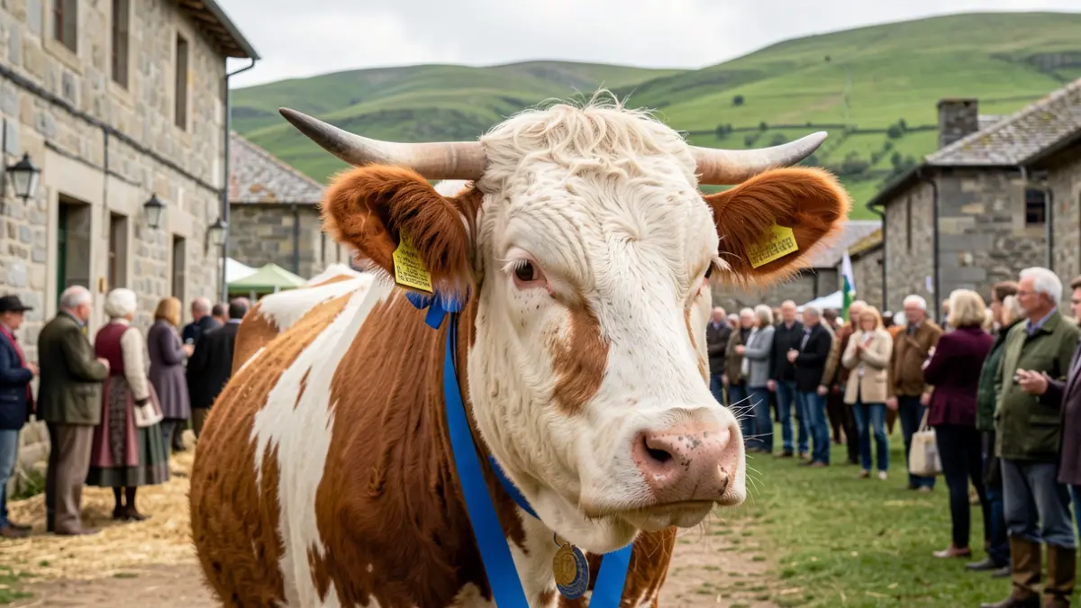 Imaxe dunha feira gandeira en Baleira, Galicia, cunha vaca de raza Rubia Galega premiada.