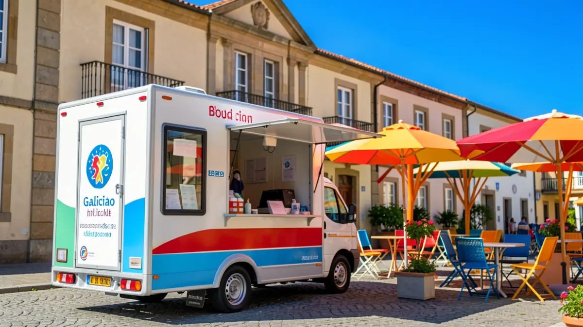 Unidad móvil de donación de sangre frente a un ayuntamiento gallego con una terraza de verano.