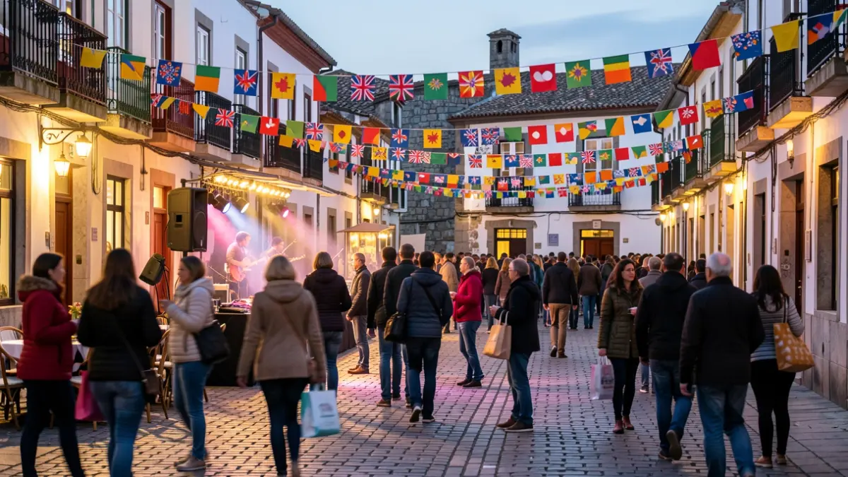 Imagen de una calle de Redondela durante el festival 'Artistas de Rúa' y la 'Aloha! Shopping Night', con gente, luces y puestos.