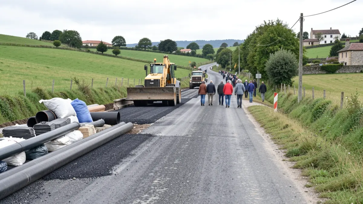 Imaxe xenérica de obras nun camiño rural galego con maquinaria e materiais de construción.