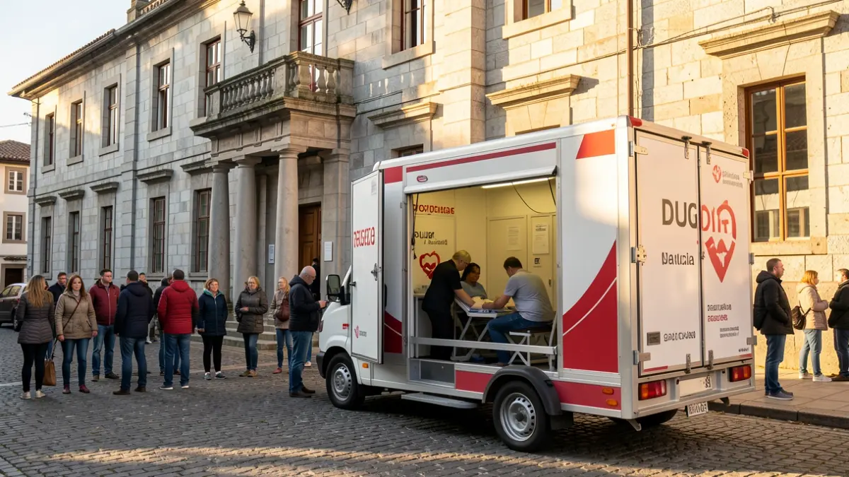 Unidad móvil de donación de sangre delante de un ayuntamiento gallego.