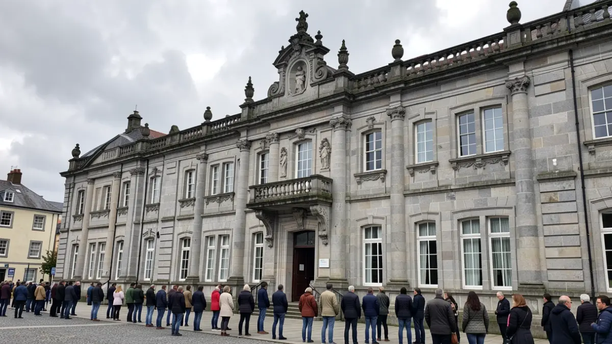 Imaxe xenérica dun edificio universitario de granito galego baixo un ceo nubrado.