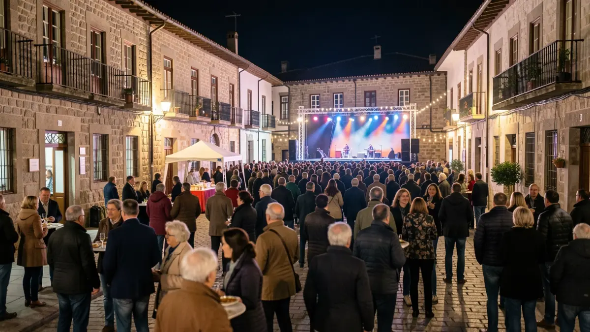 Imaxe xenérica dunha praza galega con xente e escenario.