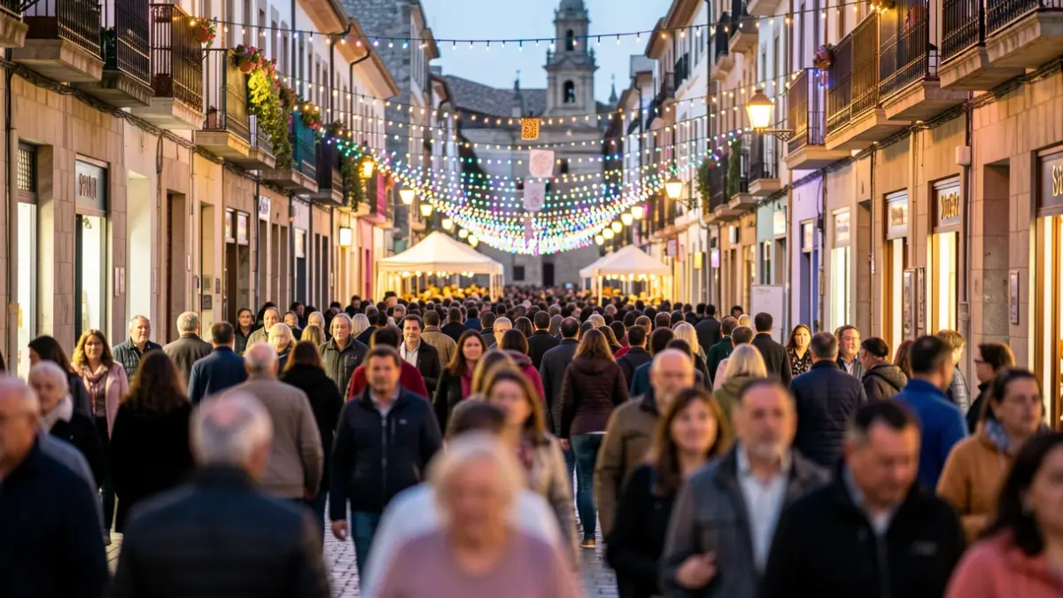Imaxe xenérica dunha rúa festiva e concorrida en Santiago de Compostela durante as Festas do Apóstolo, con figuras borrosas e luces de cores.