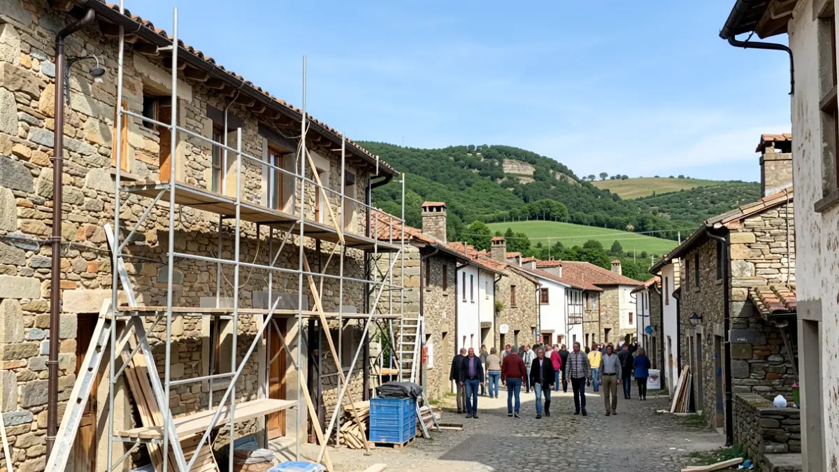 Imaxe xenérica de edificios tradicionais en proceso de rehabilitación nunha contorna rural galega.