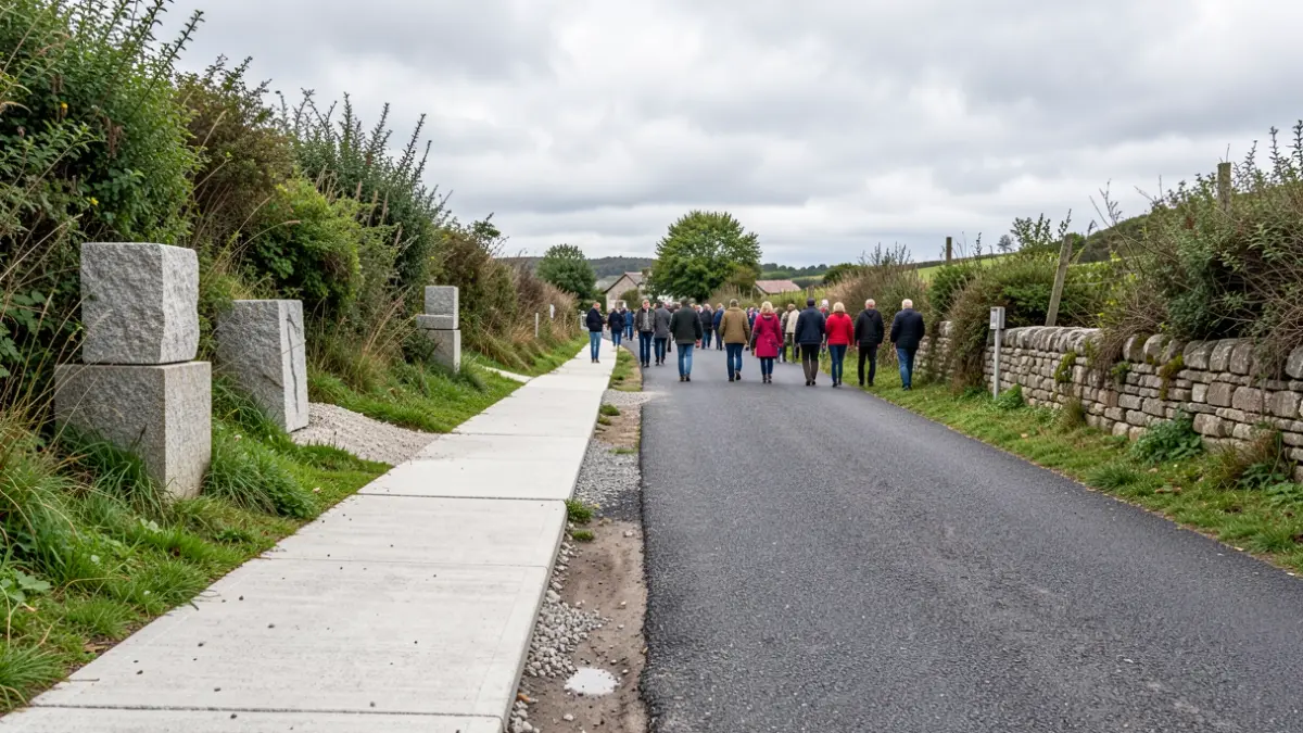 Imagen de una senda peatonal de hormigón recién construida al borde de una carretera rural en Galicia.