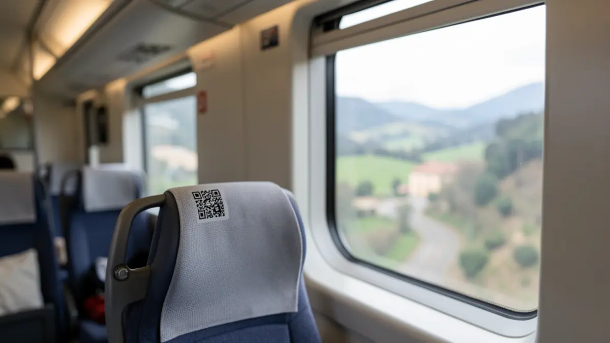 Imagen de un código QR en un reposacabezas de tren, con el paisaje gallego al fondo.