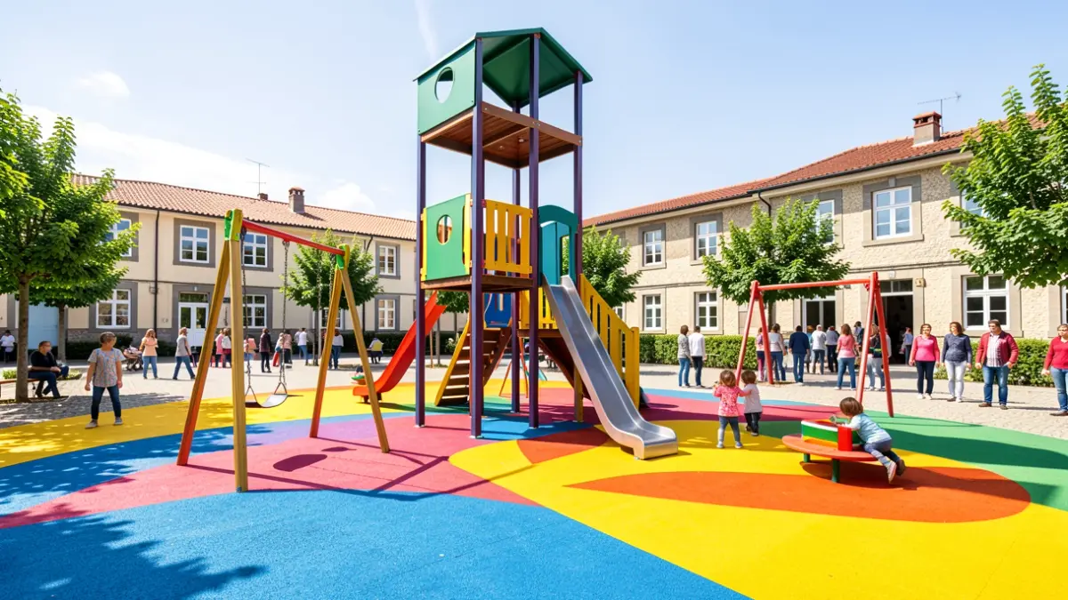 Imaxe dun parque infantil renovado nun colexio da Coruña, con novos xogos e superficie de caucho inclusiva.