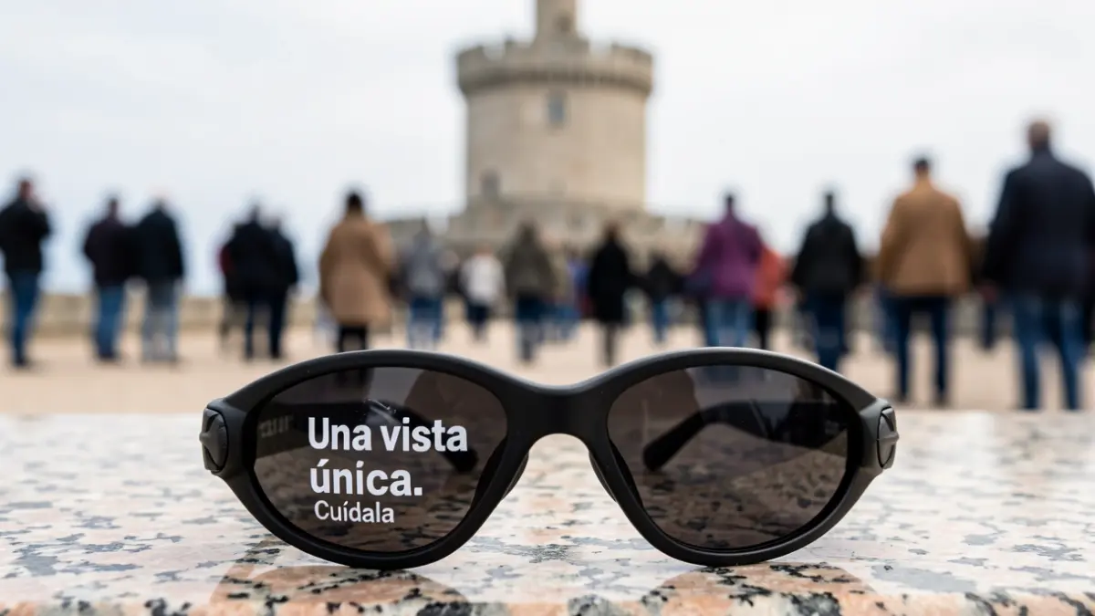 Imaxe xenérica de lentes de eclipse solar homologadas sobre unha superficie de granito con fondo borroso da Torre de Hércules.