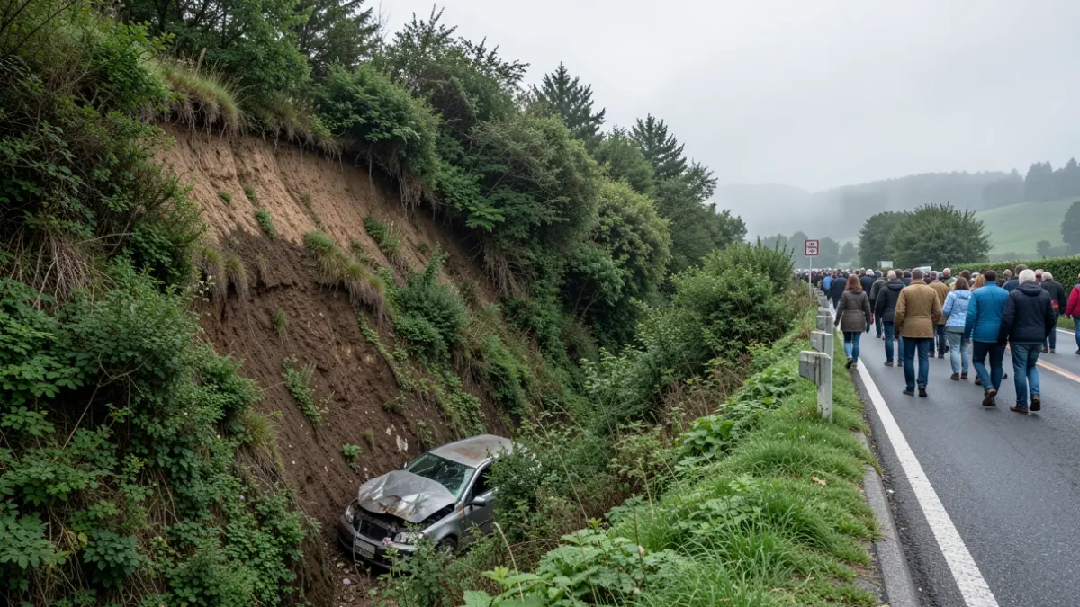 Imaxe dun terraplén de difícil acceso á beira dunha estrada rural en Galicia, cun coche danado na parte inferior.