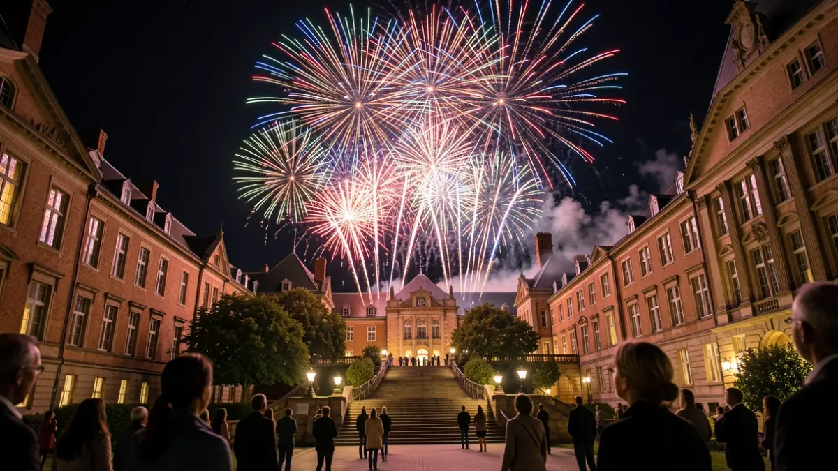 Imaxe xenérica de fogos artificiais lanzados dende unha escalinata dun campus universitario pola noite.