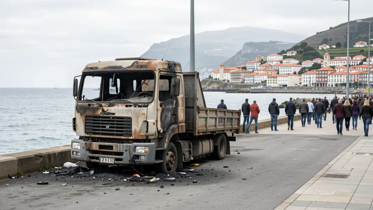 Imaxe dun camión calcinado nun porto de Galicia, co mar e unha vila ao fondo.