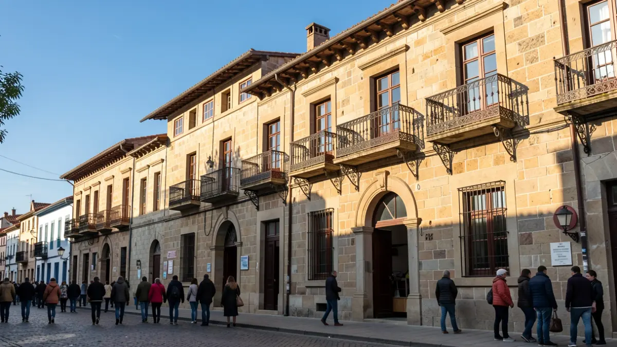Fachada de pedra dun mercado tradicional galego nunha tarde soleada.