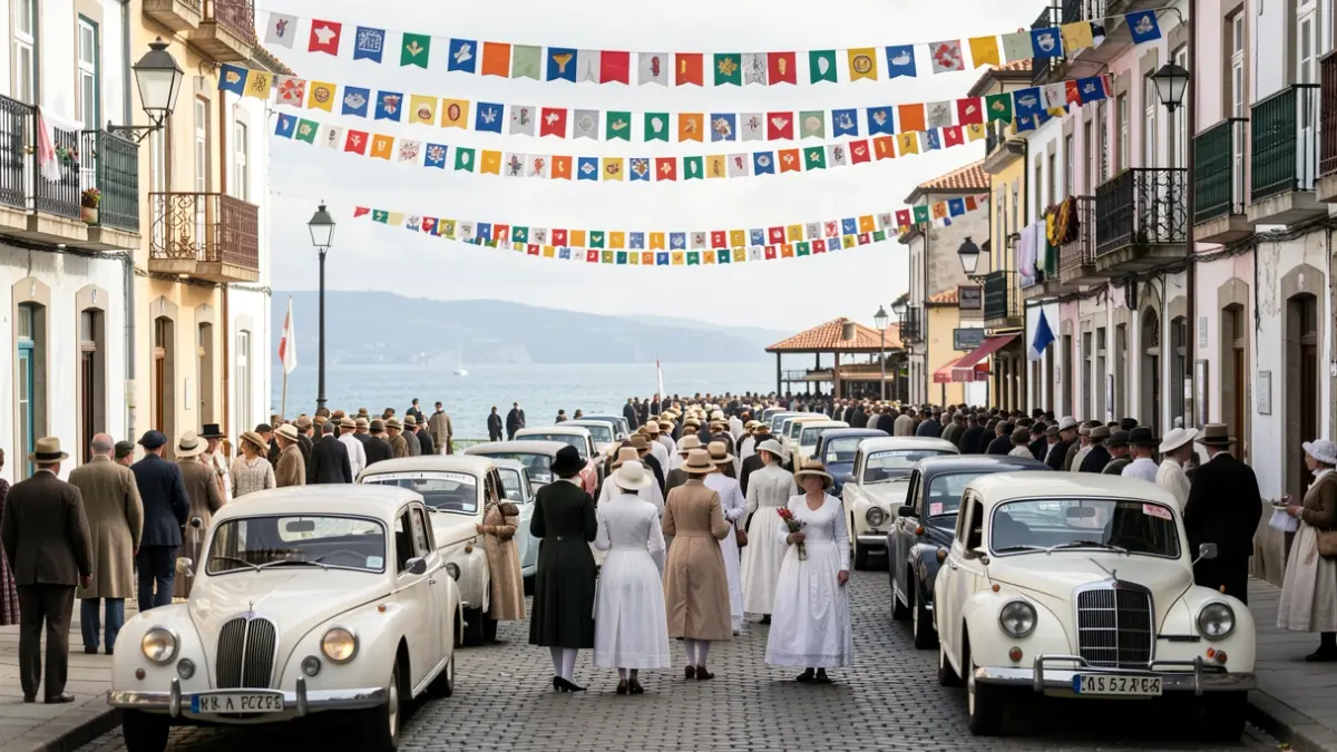 Imaxe dunha rúa festiva en Ribadeo durante a festa indiana, con xente vestida de época e coches antigos.