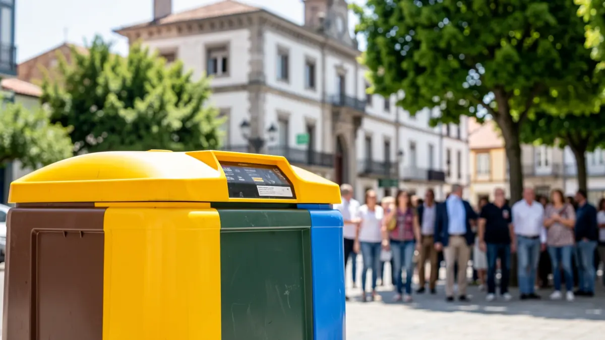 Imaxe dun colector de lixo novo en Ribadumia, co Concello e árbores ao fondo.