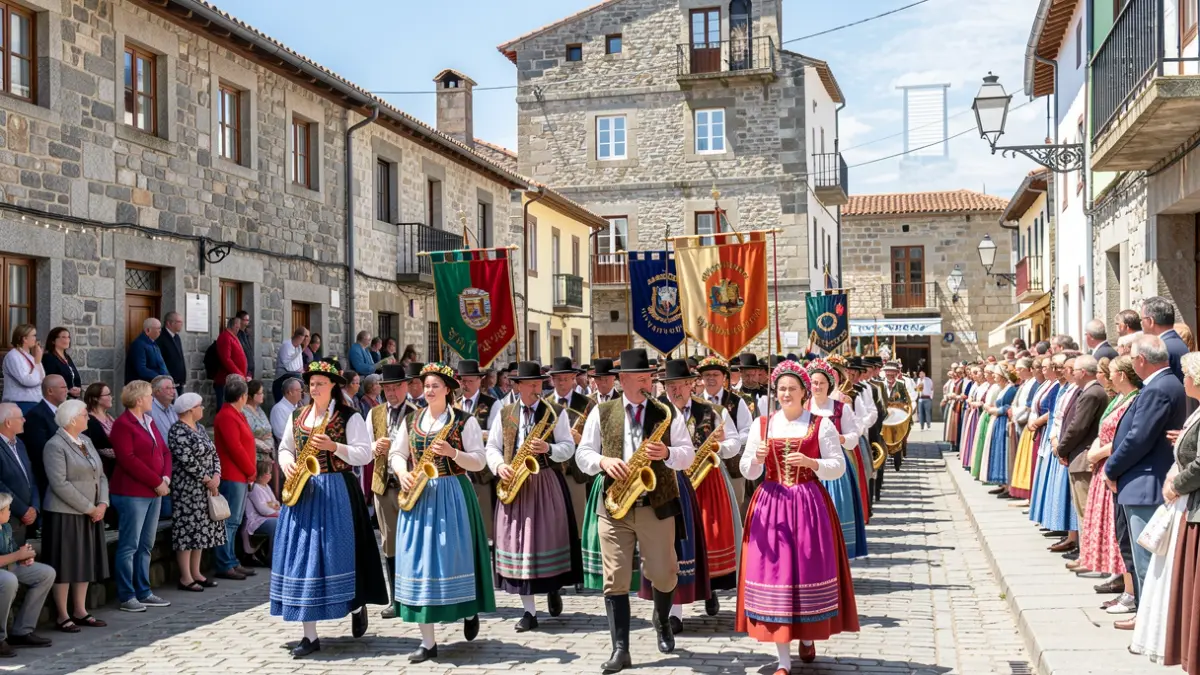 Imaxe dun desfile de música tradicional polas rúas de Ribeira durante a Festa da Dorna.