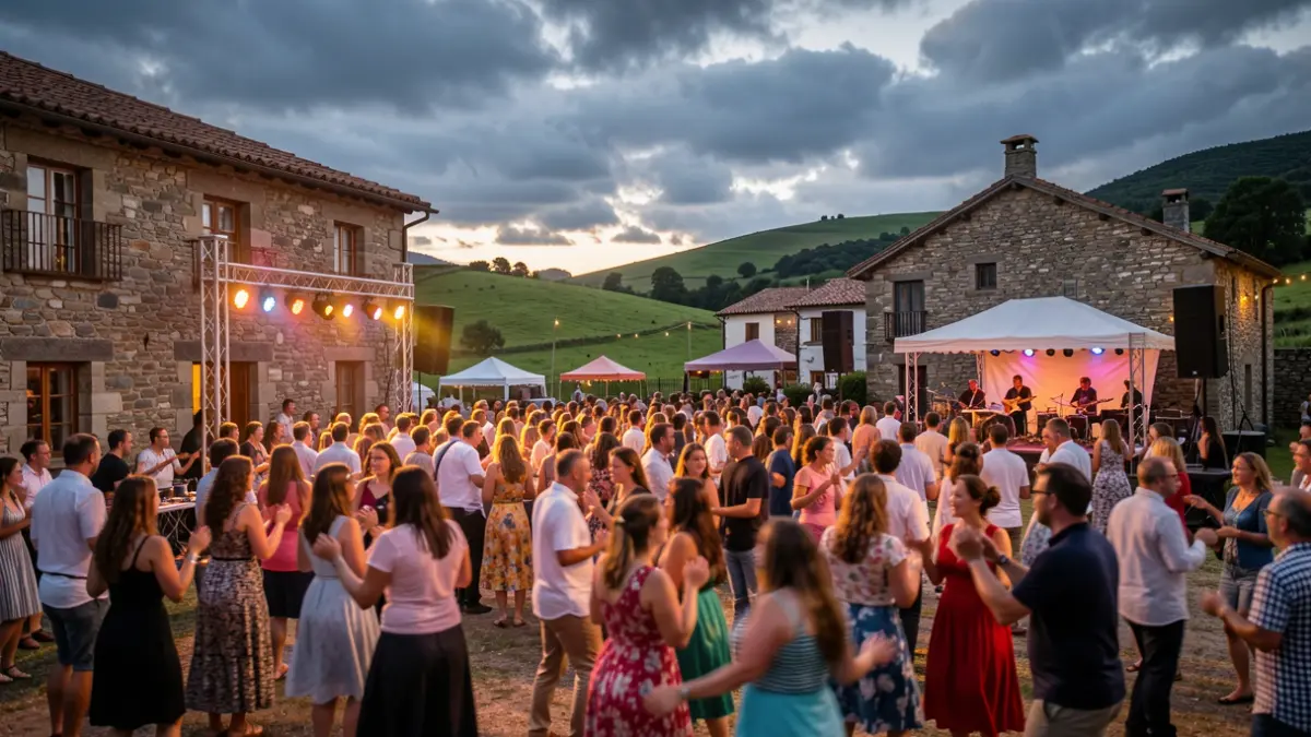 Imaxe xenérica dun festival ao aire libre en Galicia con xente bailando baixo un ceo nubrado.