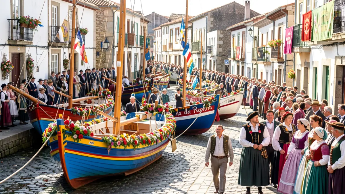 Imaxe dunha rúa festiva en Ribeira durante a Festa da Dorna, con barcos decorados e xente celebrando.