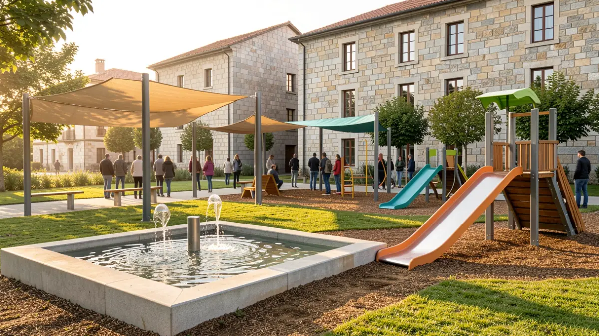 Imagen de un parque canino moderno y bien equipado en Galicia, con fuentes adaptadas, zonas de sombra y obstáculos de juego.