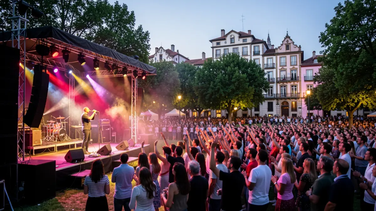 Imagen de un concierto al aire libre en un parque de Galicia al atardecer.